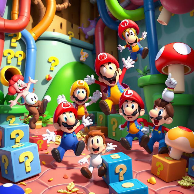 A vibrant, animated scene inspired by the style of SMG4, featuring a group of wacky characters set in a colorful and chaotic backdrop of Mushroom Kingdom