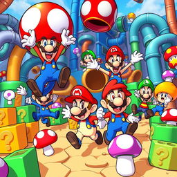 A vibrant, animated scene inspired by the style of SMG4, featuring a group of wacky characters set in a colorful and chaotic backdrop of Mushroom Kingdom