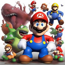 A horrific version of Mario surrounded by gruesome creatures