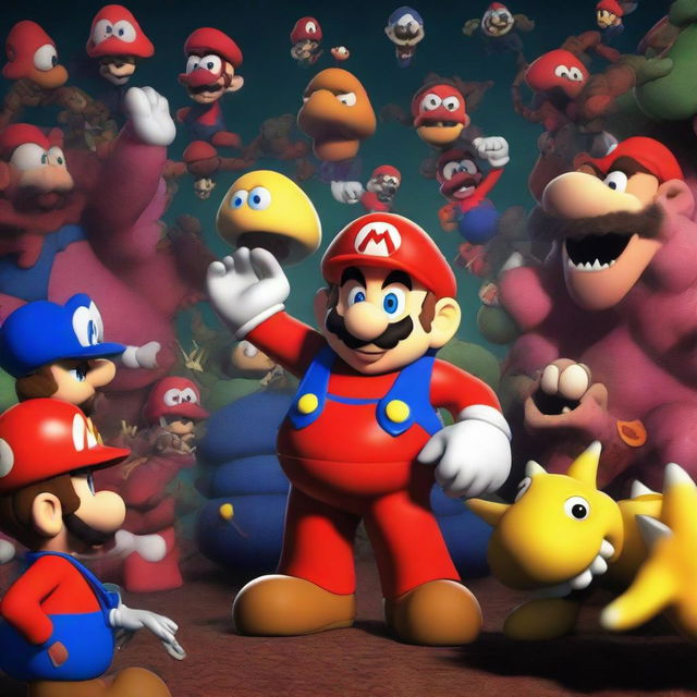 A horrific version of Mario surrounded by gruesome creatures