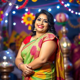 A joyful and exuberant Indian woman with a curvy figure, wearing a colorful traditional saree, with intricate designs and vibrant patterns, standing in a festive atmosphere, surrounded by cultural decorations, smiling radiantly, showcasing her confidence and charm, celebrating an Indian festival, with a lively background of colorful lights and flowers