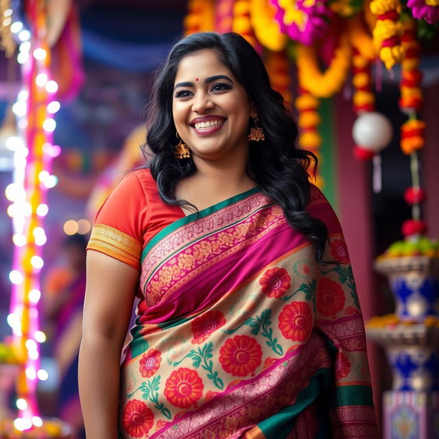 A joyful and exuberant Indian woman with a curvy figure, wearing a colorful traditional saree, with intricate designs and vibrant patterns, standing in a festive atmosphere, surrounded by cultural decorations, smiling radiantly, showcasing her confidence and charm, celebrating an Indian festival, with a lively background of colorful lights and flowers