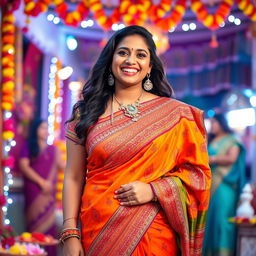 A joyful and exuberant Indian woman with a curvy figure, wearing a colorful traditional saree, with intricate designs and vibrant patterns, standing in a festive atmosphere, surrounded by cultural decorations, smiling radiantly, showcasing her confidence and charm, celebrating an Indian festival, with a lively background of colorful lights and flowers