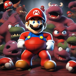 A horrific version of Mario surrounded by gruesome creatures