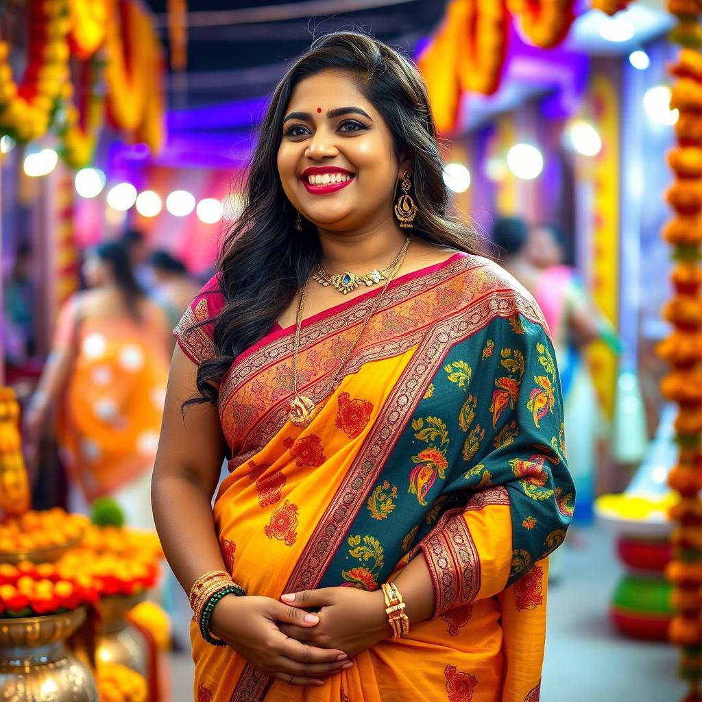 A joyful and exuberant Indian woman with a curvy figure, wearing a colorful traditional saree, with intricate designs and vibrant patterns, standing in a festive atmosphere, surrounded by cultural decorations, smiling radiantly, showcasing her confidence and charm, celebrating an Indian festival, with a lively background of colorful lights and flowers