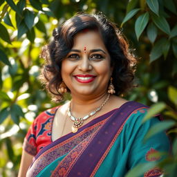 A portrait of a confident, curvy Indian woman with an inviting smile, dressed in colorful traditional attire