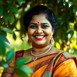 A portrait of a confident, curvy Indian woman with an inviting smile, dressed in colorful traditional attire