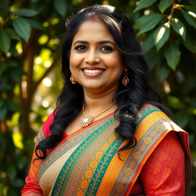 A portrait of a confident, curvy Indian woman with an inviting smile, dressed in colorful traditional attire