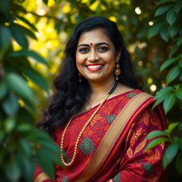 A portrait of a confident, curvy Indian woman with an inviting smile, dressed in colorful traditional attire