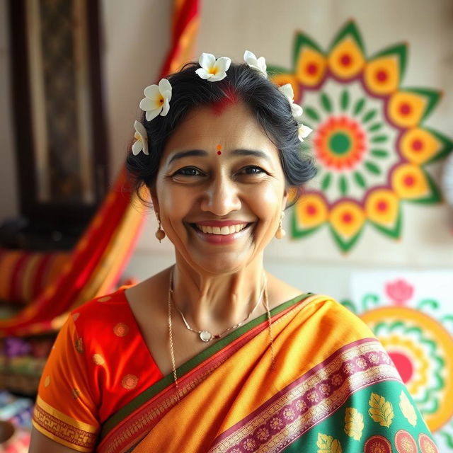 Portrait of a cheerful Indian aunty, wearing a vibrant saree with intricate patterns, her hair adorned with jasmine flowers