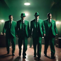 A group of mafia members dressed in stylish, green mafia suits