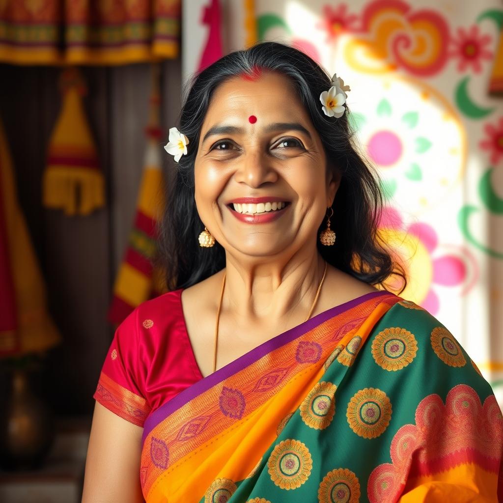 Portrait of a cheerful Indian aunty, wearing a vibrant saree with intricate patterns, her hair adorned with jasmine flowers