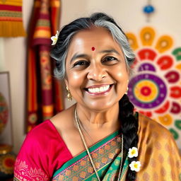 Portrait of a cheerful Indian aunty, wearing a vibrant saree with intricate patterns, her hair adorned with jasmine flowers