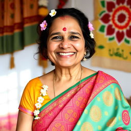 Portrait of a cheerful Indian aunty, wearing a vibrant saree with intricate patterns, her hair adorned with jasmine flowers