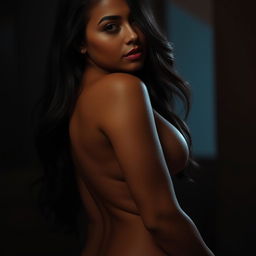 A stunning and voluptuous Latina woman with an hourglass figure, posed confidently in an artistic and tasteful manner