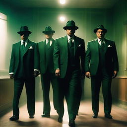 A group of mafia members dressed in stylish, green mafia suits