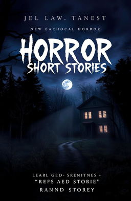 A chilling book cover for a collection of horror short stories, featuring a haunted forest at twilight with looming dark trees and ominous shadows creeping in