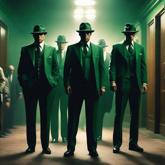 A group of mafia members dressed in stylish, green mafia suits