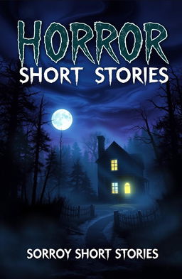 A chilling book cover for a collection of horror short stories, featuring a haunted forest at twilight with looming dark trees and ominous shadows creeping in
