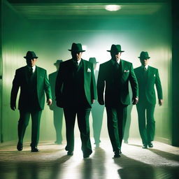 A group of mafia members dressed in stylish, green mafia suits