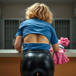 A close-up view from behind of a person with short frizzy blonde hair bending over a counter