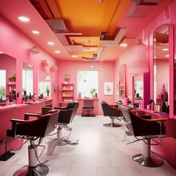 A family salon displaying a blend of photogenic social areas and cozy private spaces. Include trendy interior designs with vibrant colors and comfortable salon chairs.