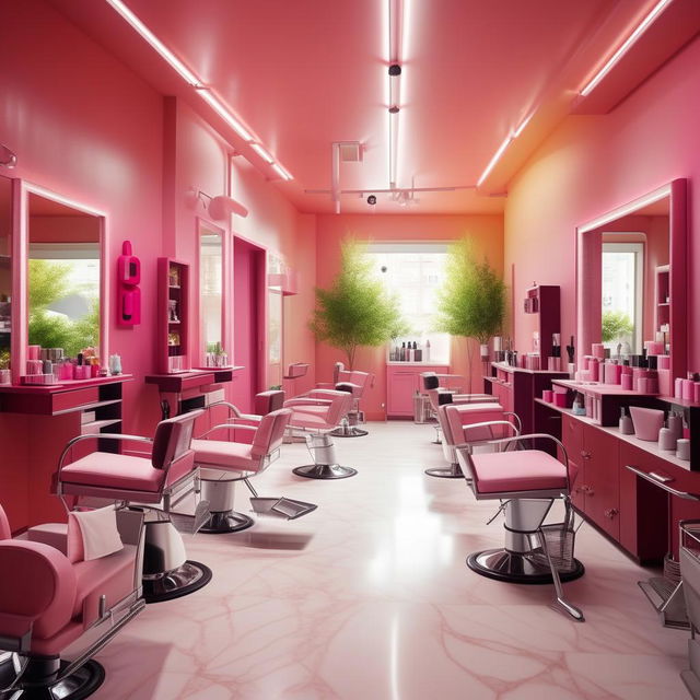 A family salon displaying a blend of photogenic social areas and cozy private spaces. Include trendy interior designs with vibrant colors and comfortable salon chairs.