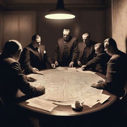 The members of the Forelli Redemption mafia, dressed in traditional mafia suits, gathered around a round table illuminated by a single, hanging light