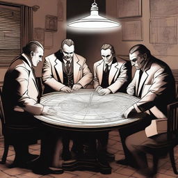 The members of the Forelli Redemption mafia, dressed in traditional mafia suits, gathered around a round table illuminated by a single, hanging light