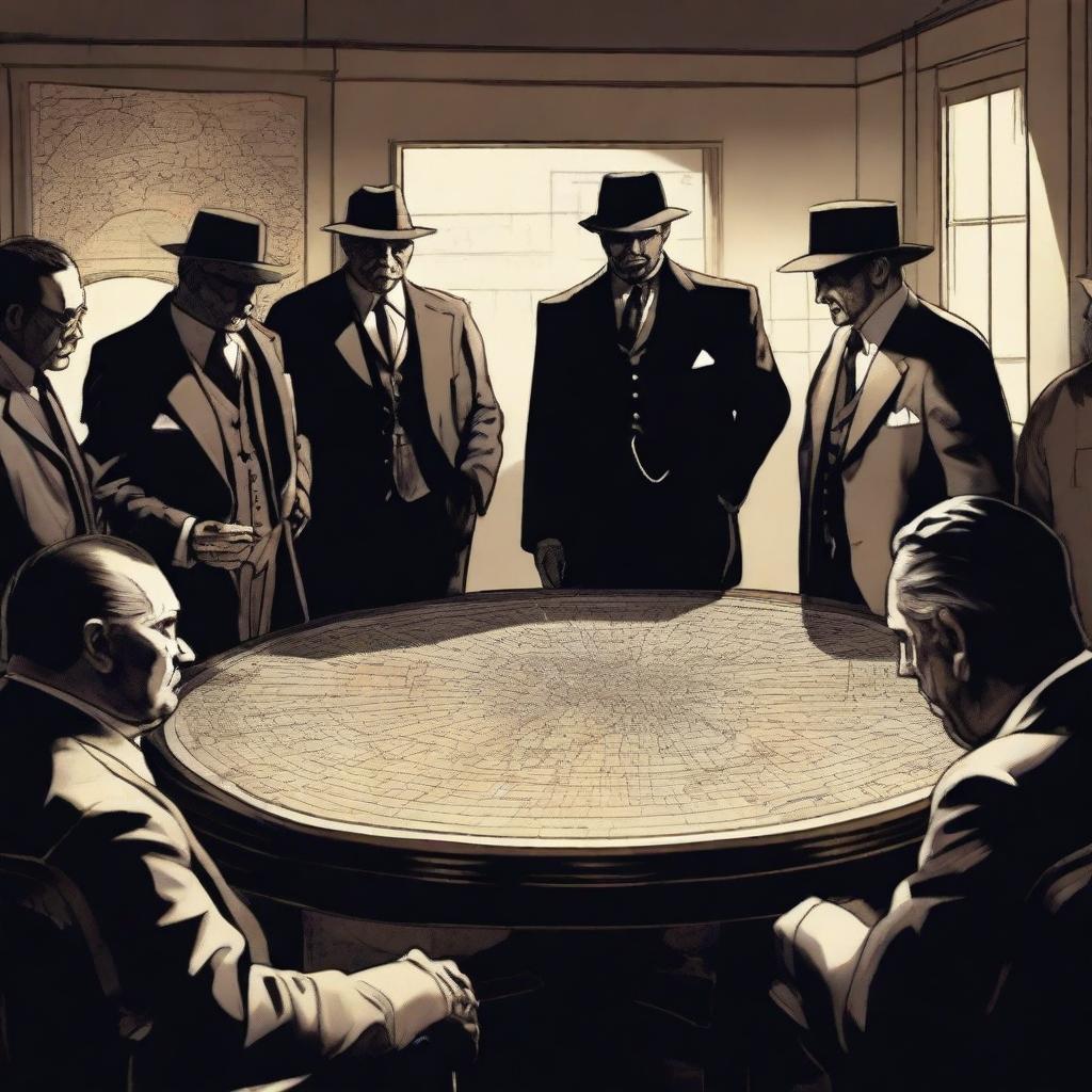 The members of the Forelli Redemption mafia, dressed in traditional mafia suits, gathered around a round table illuminated by a single, hanging light