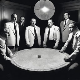 The members of the Forelli Redemption mafia, dressed in traditional mafia suits, gathered around a round table illuminated by a single, hanging light