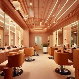 A family-friendly salon featuring radiant photogenic spaces contrasted with intimate, secluded areas. Incorporate stylish and welcoming decor with a relaxing and warm atmosphere.