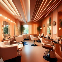 A family-friendly salon featuring radiant photogenic spaces contrasted with intimate, secluded areas. Incorporate stylish and welcoming decor with a relaxing and warm atmosphere.