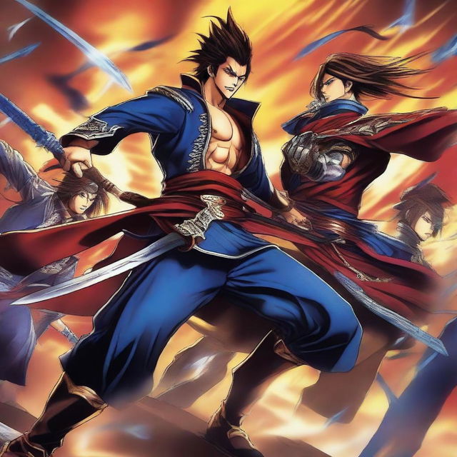 Scene from Sengoku Basara, featuring its flamboyant characters in midst of a dramatic battle