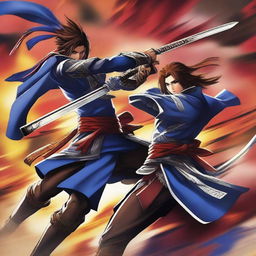 Scene from Sengoku Basara, featuring its flamboyant characters in midst of a dramatic battle