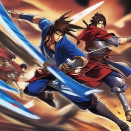 Scene from Sengoku Basara, featuring its flamboyant characters in midst of a dramatic battle