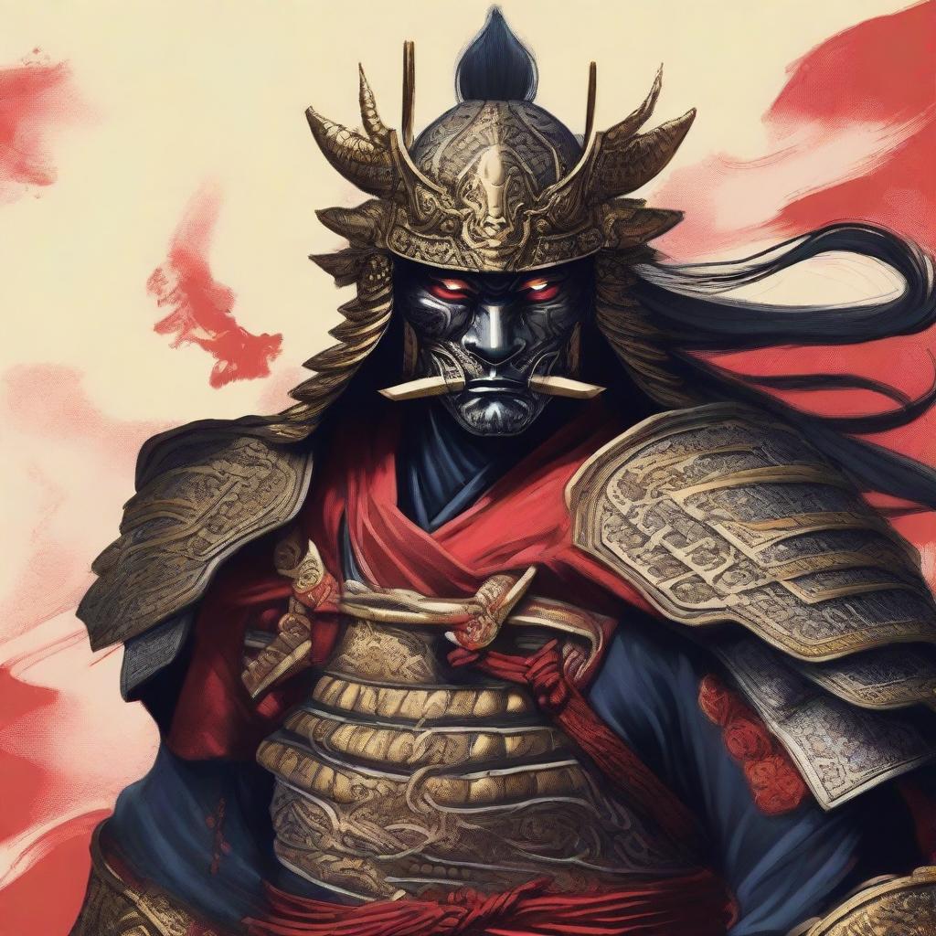 Depict a Samurai from the 'Dragon' country, commanding and fierce, his one eye displaying intense resolve