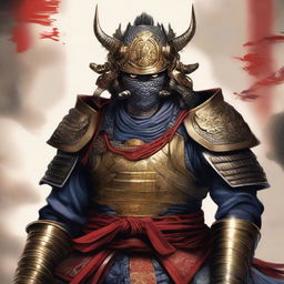 Depict a Samurai from the 'Dragon' country, commanding and fierce, his one eye displaying intense resolve