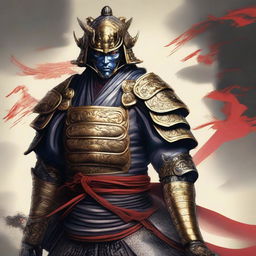 Depict a Samurai from the 'Dragon' country, commanding and fierce, his one eye displaying intense resolve