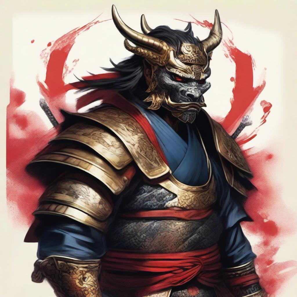 Depict a Samurai from the 'Dragon' country, commanding and fierce, his one eye displaying intense resolve