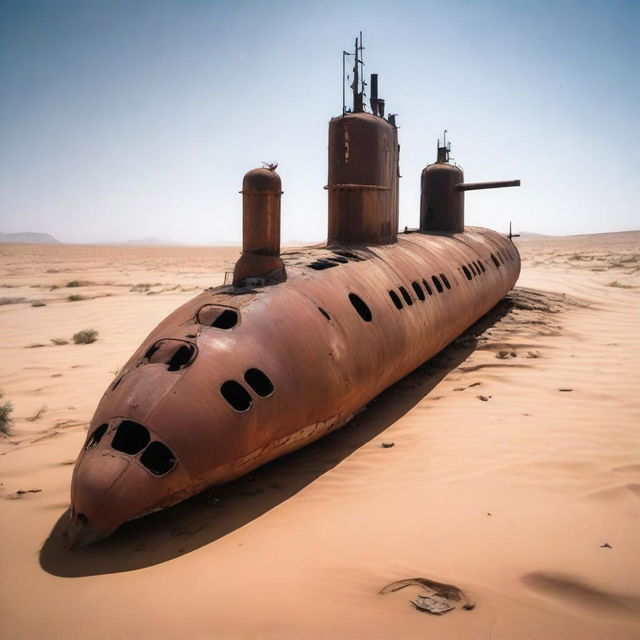 A massive, abandoned submarine wreck mysteriously situated in the middle of a vast desert