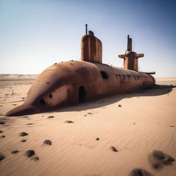 A massive, abandoned submarine wreck mysteriously situated in the middle of a vast desert