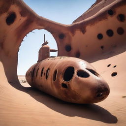 A massive, abandoned submarine wreck mysteriously situated in the middle of a vast desert