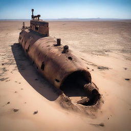 A massive, abandoned submarine wreck mysteriously situated in the middle of a vast desert