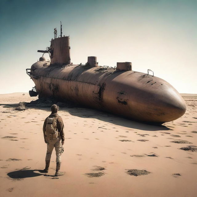 A daring explorer, equipped with desert survival gear, stands before an enormous submarine wreck in the middle of a vast desert