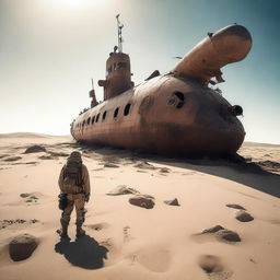 A daring explorer, equipped with desert survival gear, stands before an enormous submarine wreck in the middle of a vast desert