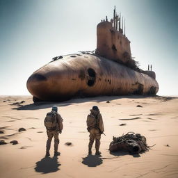 A daring explorer, equipped with desert survival gear, stands before an enormous submarine wreck in the middle of a vast desert