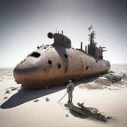 A daring explorer, equipped with desert survival gear, stands before an enormous submarine wreck in the middle of a vast desert