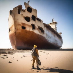 An explorer, dressed in sun-protective clothing with a backpack and desert gear, stands before the ravaged remains of a huge cargo ship