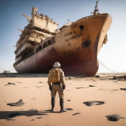 An explorer, dressed in sun-protective clothing with a backpack and desert gear, stands before the ravaged remains of a huge cargo ship